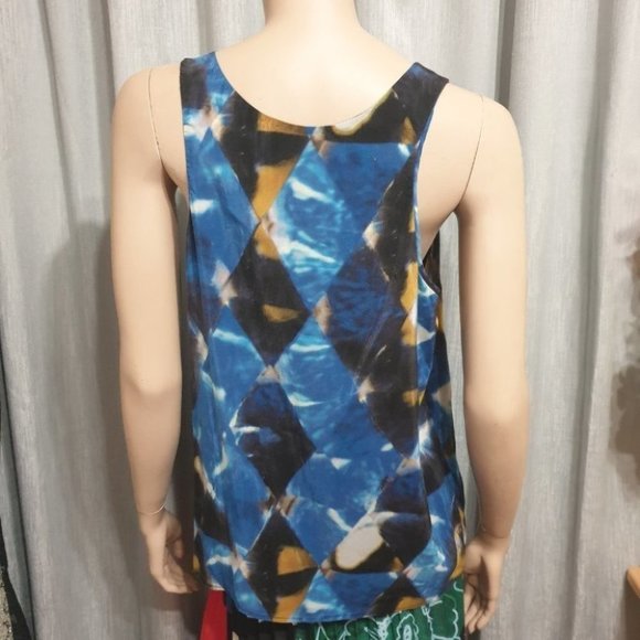 SABA AU-12 Blue/Black Abstract Sleeveless Top Scoop Neck Viscose/Silk Good Condi - Picture 3 of 11